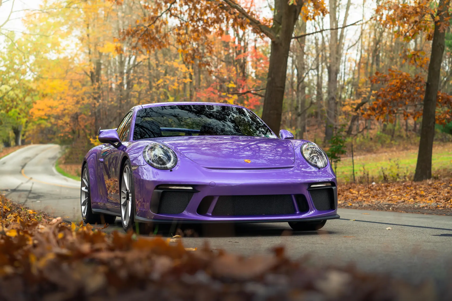 Ultraviolet Porsche 911 GT3 on a winding road, autumn forest